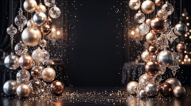 christmas background holiday backdrop festive ornaments silver gold baubles luxury christmas sparkling lights winter wonderland elegant holiday scene seasonal decor christmas eve