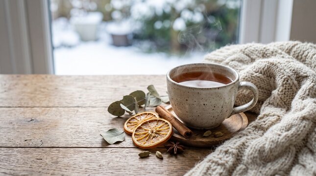 hot tea cup steaming mug cozy winter morning hot beverage tea time herbal tea winter drink warm blanket knitted throw cable knit blanket wooden table rustic tabletop