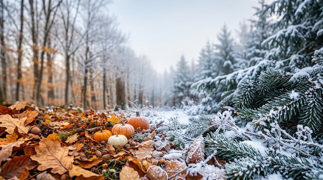 autumn leaves winter snow first snow seasonal transition fall winter nature scene pine trees evergreen branches frosty forest winter wonderland small pumpkins mini pumpkins