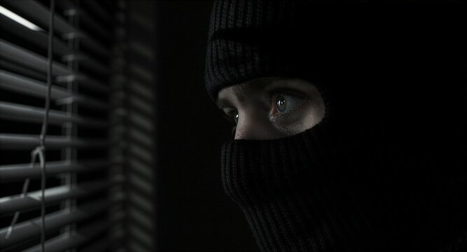 A close-up portrait of a suspicious man in a black ski mask peeking through window blinds in a pitch-black room, conveying concepts of home invasion, tactical espionage, and crime.