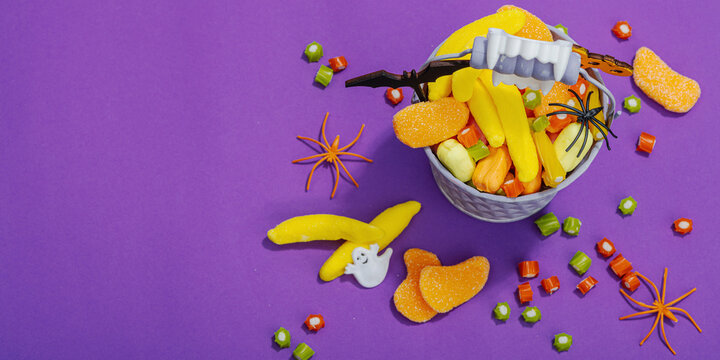 Traditional festive composition for Halloween party. Sweet seasonal food, homemade autumn decor