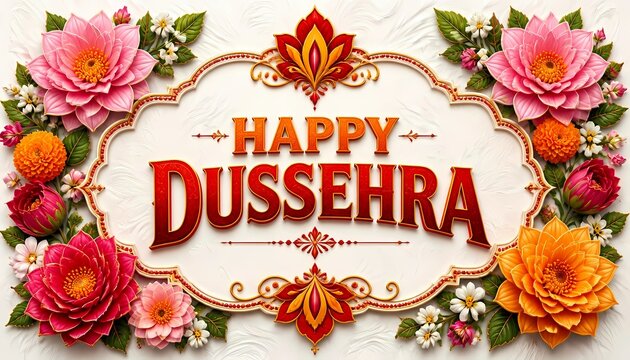 Elegant Happy Dussehra Greeting Card with Vibrant Floral Border Arrangement. 