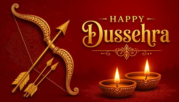 Happy Dussehra Festive Banner with Golden Bow Arrow and Diya Decoration. 