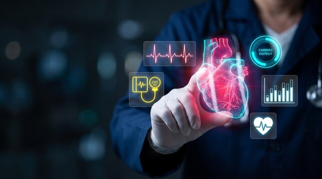 Digital holographic human heart model interface is manipulated by a clinical surgeon using modern innovative healthcare technology in dark settings