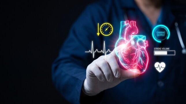 Digital glowing heart model projected in a medical professional hand representing cardiology health diagnostics and advanced scientific research human anatomy