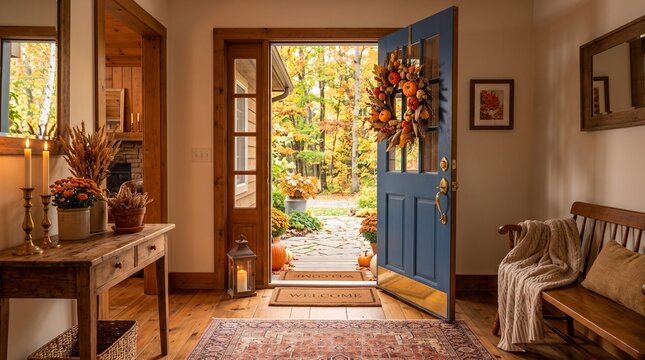 autumn entry decor blue front door fall home interior rustic wooden bench fall wreath door farmhouse entryway cozy fall home autumn porch view fall decor inspiration