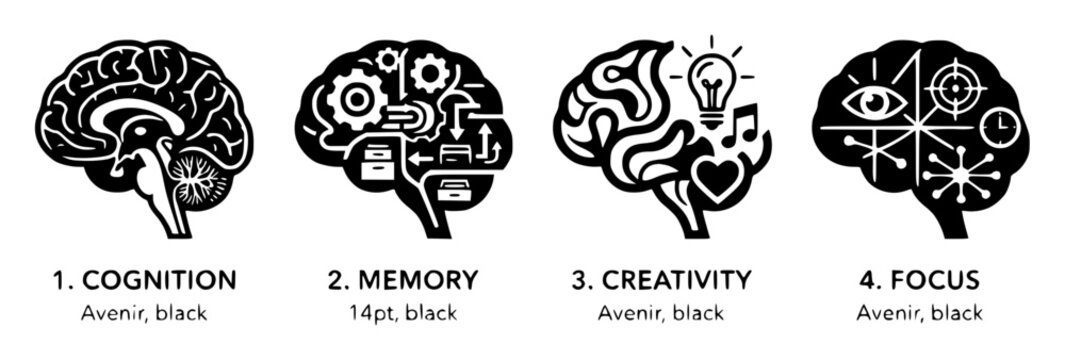 Set of four minimalist human brain icons arranged in a hor set with simple line art design featuring simple design, minimalist, black and white with illustrations and graphics
