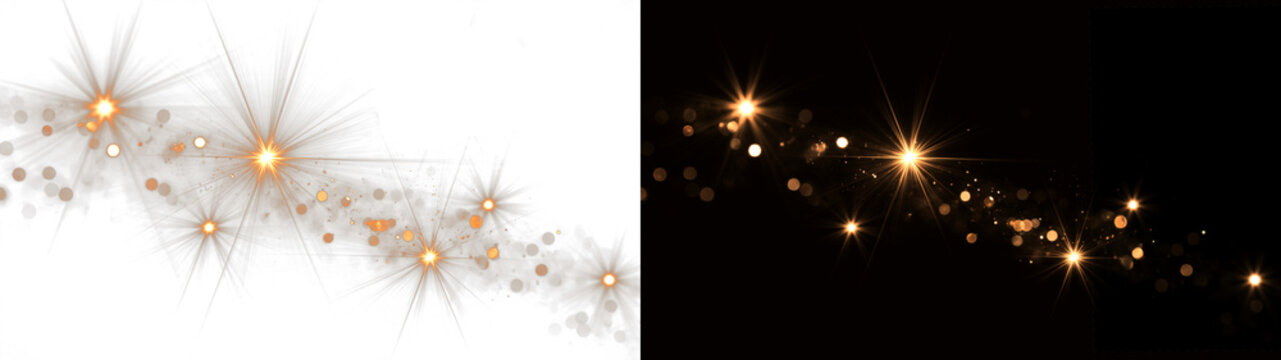 Festive overlay element texture - Abstract glow sparkle golden yellow orange star bokeh light particles, soft dust effect, isolated on transparent and black background png