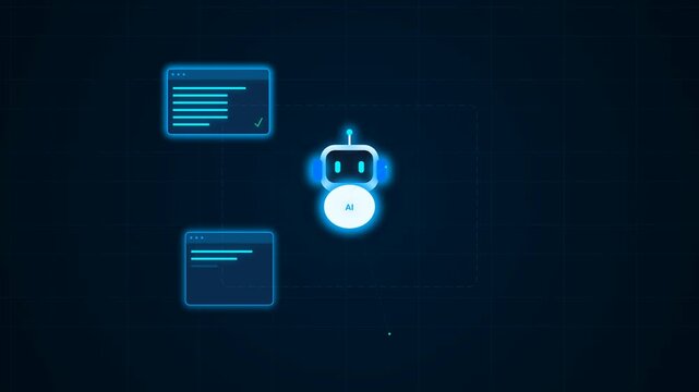 Animated Blue Artificial Intelligence Robot Processing Multiple Data Windows in Dark Background