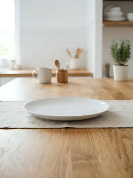 Empty white plate on wooden kitchen counter with blurred background showing utensil holder, potted plant, and open shelving