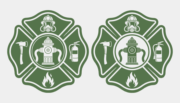 Maltese cross firefighter emblem set featuring fire hydrant ax extinguisher helmet and flame icons for department branding