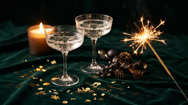 Golden sparkler and champagne coupes with gold confetti on dark green velvet, elegant New Year celebration still life 