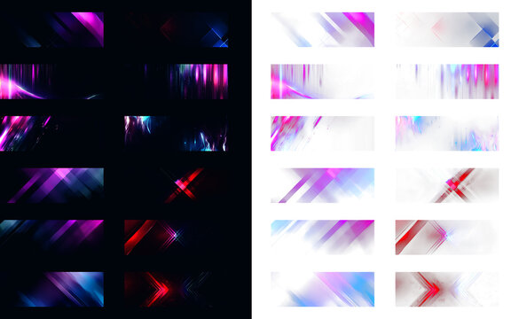 Futuristic neon light banners pack with dark abstract digital textures and glowing pink violet blue lines for modern website hero headers and gaming graphics.