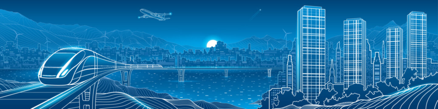Panoramic vector illustration of a futuristic high speed train traveling through a modern smart city with skyscrapers, mountains, wind turbines and airplane. Concept of future transportation