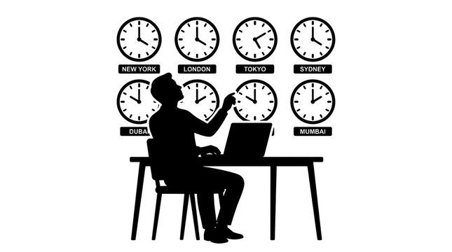 Professional working at desk with global time zone clocks