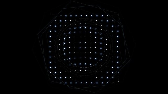 Abstract digital background with glowing white dots arranged in a grid and circular geometric patterns