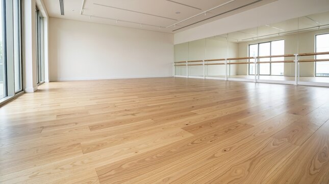 Modern empty dance studio featuring light wood flooring and ballet barres. Spacious bright interior with mirrored wall and large windows