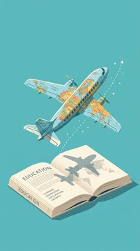 Illustration of an airplane shaped like a world map flying out of an open book for International Students Day, study abroad, and global education concept