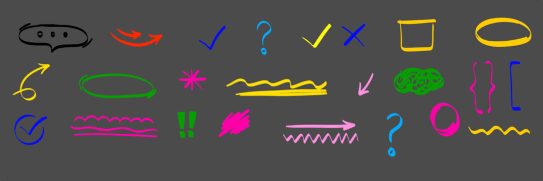 Neon hand drawn marker doodle elements set with arrows check marks circles underlines question marks speech bubble and scribbles collection vector art on dark background