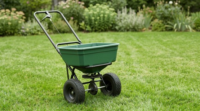Green wheeled fertilizer spreader standing on a green grass lawn. Walk-behind broadcast spreader for lawn care and garden fertilization. Yard maintenance equipment concept