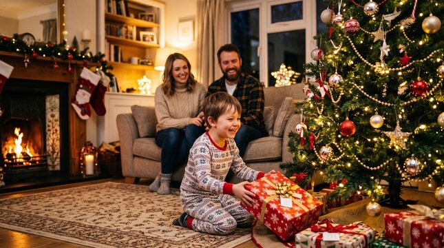 Christmas Morning Joy: A young boy in festive pajamas eagerly unwraps a Christmas gift in front of a beautifully decorated tree, while his parents watch with warm smiles from the sofa.