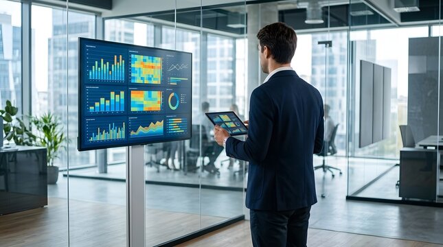 Businessman analyzing data on a tablet in a modern office with large screens displaying charts and graphs