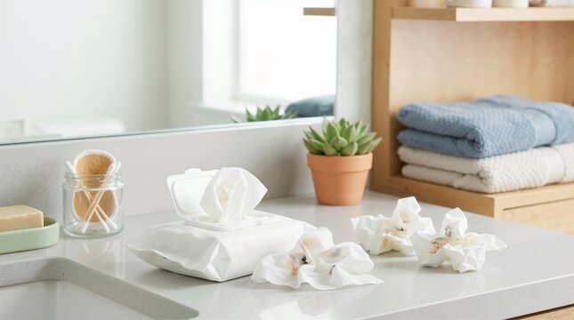 Makeup remover wipes container with soiled tissues on a bathroom counter. Skin care cleansing and cosmetics removal concept