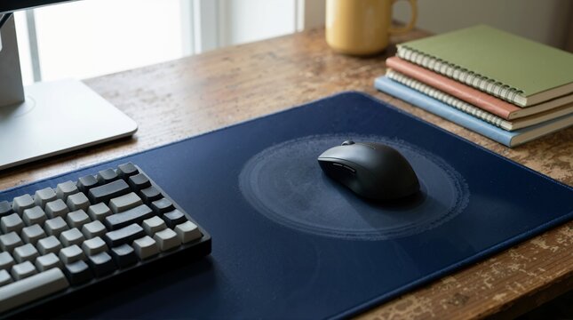 Mouse pad surface wear pattern with black wireless mouse on a wooden desk. Close up of a gaming mousemat showing friction marks. Office workspace accessories and computer peripheral concept