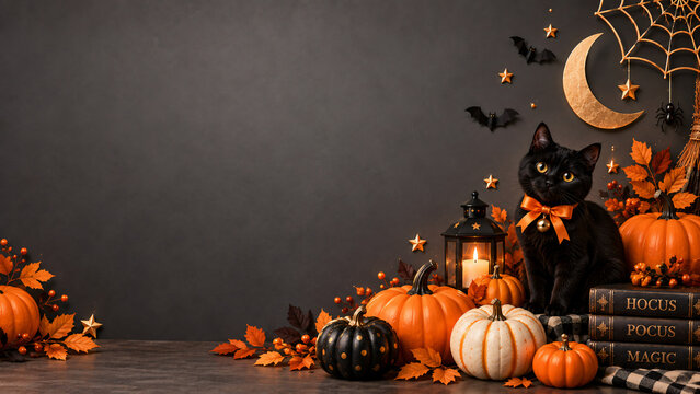 Black cat wearing orange bow tie sitting on table with Halloween decorations, carved pumpkins, and books