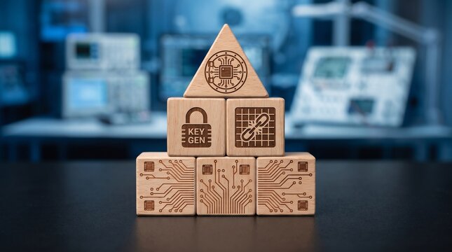 Wooden blocks featuring engraved symbols of circuitry, padlock and digital chain icons arranged in a balanced triangular pyramid shape under soft cool studio lighting conditions.