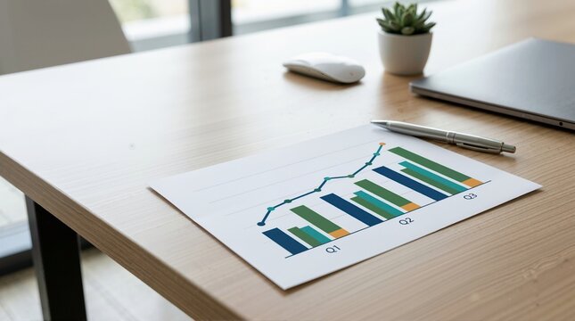Quarterly report graph printout on wooden office desk. Financial data analysis and business performance charts