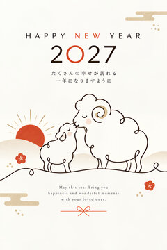 寄り添う羊の親子を線画で描いた2027年の温かな年賀状