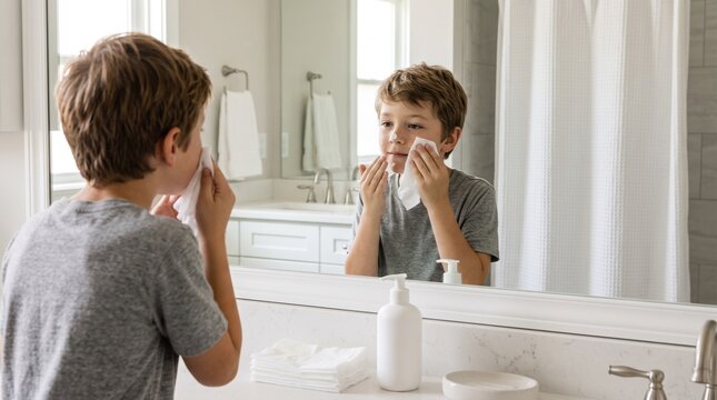 Young boy washing face in bathroom mirror with cleanser routine