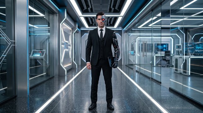 Innovative cyborg professional in a cutting edge technological setting