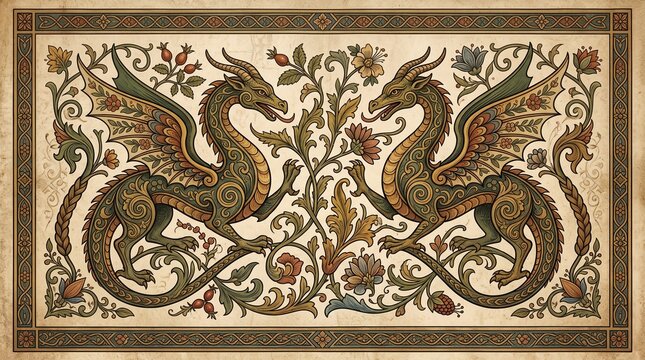 Intricate vintage dragon design with floral elements and patterns