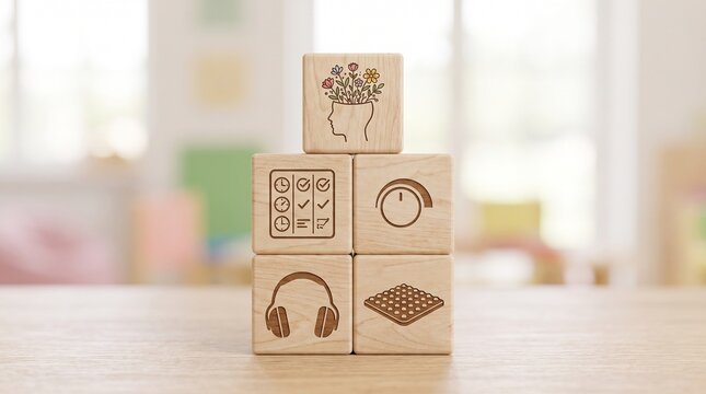 Wooden blocks featuring sensory icons represent mindful focus, organizational strategy, auditory support, and tactile engagement for professional wellness and learning development
