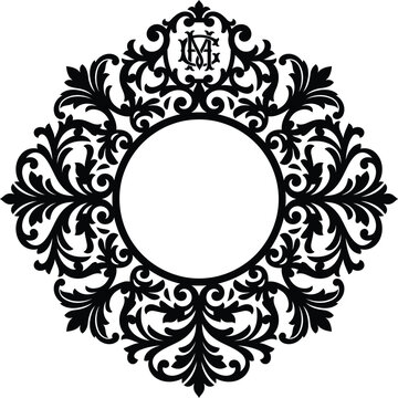 Intricate floral frame with monogram initials on white background silhouette