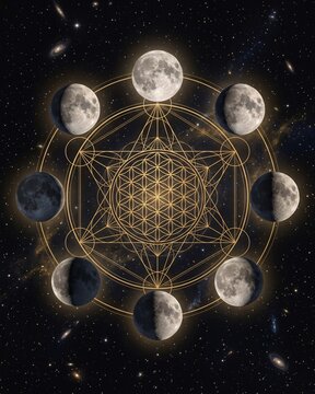 Metatron's Cube and the Flower of Life in golden tones, surrounded by the phases of the moon against a starry cosmic background.
