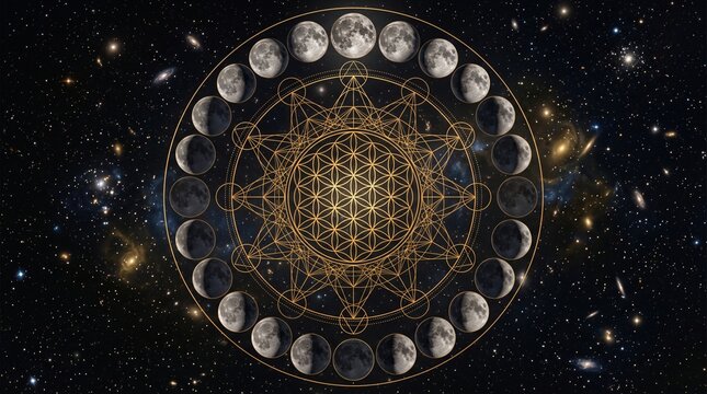 A golden circular mandala with moon phases around it and sacred geometry patterns (such as the Flower of Life and Metatron's Cube) in the center, set against a starry background simulating outer space