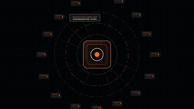 Ultra-premium microstock motion graphic featuring an elite quantum neural mesh enterprise intelligence hub in striking neon orange and warm gold, multidimensional cryptographic synchronization rings