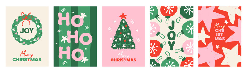 Obraz premium Christmas set of colorful festive vertical backgrounds. Season collection simple hand drawn cards, banners, prints or posters. Green, red, pink and beige colors. Vector illustration