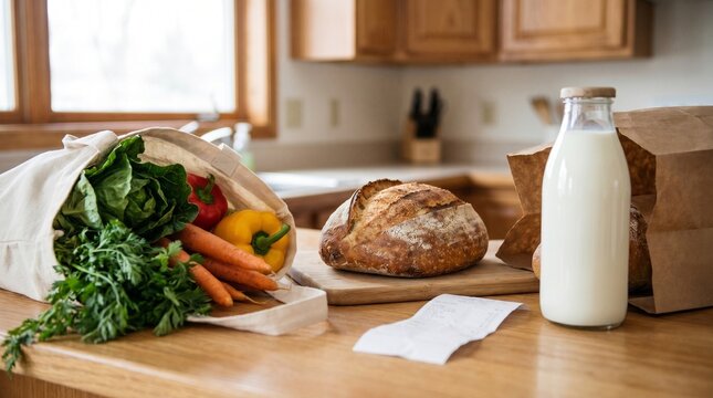 Grocery bags filled with fresh vegetables and bread on a kitchen counter, milk bottle and receipt visible in a cozy home setting. Cost of living, rising prices and essential household item concepts
