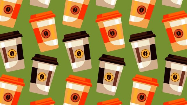 Seamless animated coffee cup pattern with colorful takeaway cups on a green background