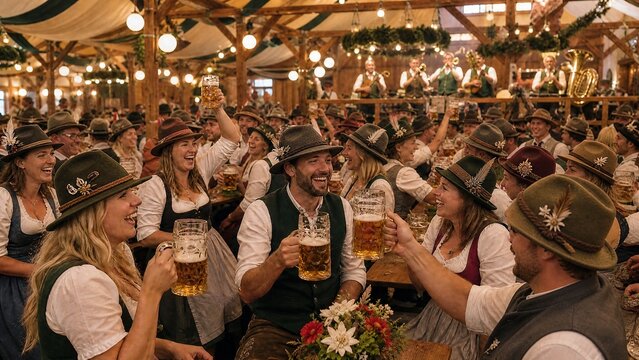 Oktoberfest Beer Festival Celebration in Traditional Bavarian Attire.