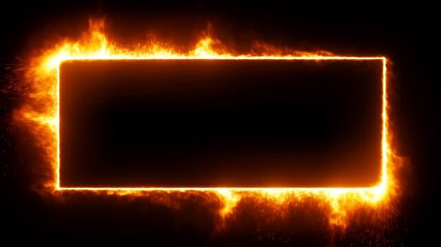 Fiery rectangular border glowing with flames and sparks on a dark abstract background