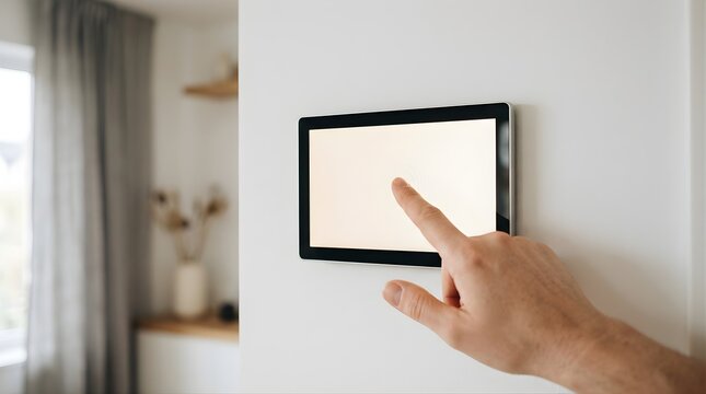 Person touching blank digital wall screen in a modern smart home interior