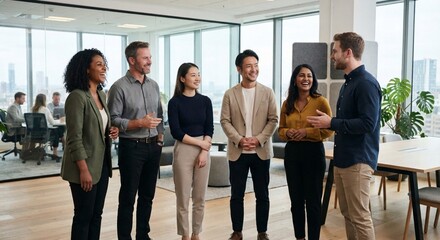 Fototapeta premium Diverse team of creative professionals standing and talking in modern open plan office