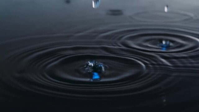 Water Droplets Falling on Dark Liquid Surface Creating Concentric Ripples