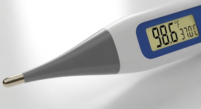 Digital thermometer with display showing 98.6&deg;F on counter surface. Medical thermometer with clear digital readout for accurate temperature measurement.