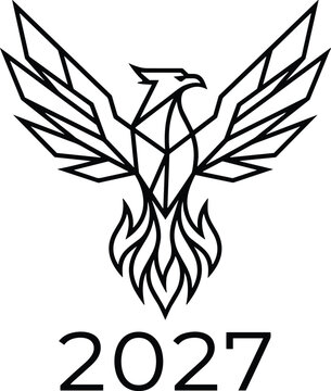 Happy New Year 2027 logo icon featuring minimalist geometric line art phoenix bird with outstretched wings vector illustration